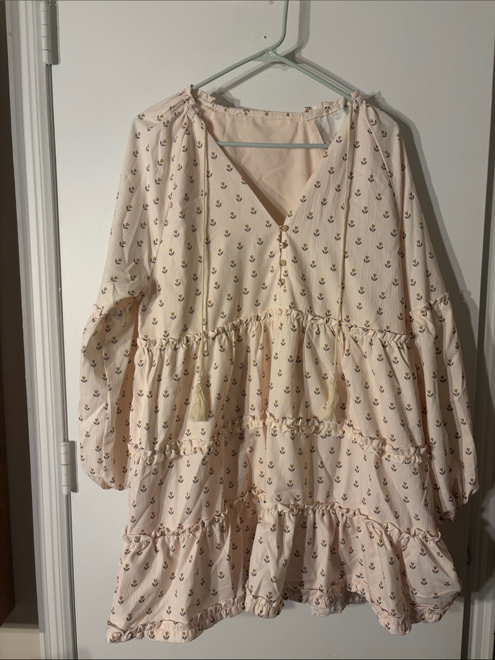 Long Sleeve Tiered V-Neck Dress in Light Cream